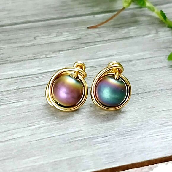 Plated Hematite Crystal Stud Earrings, Gold Gemstone Jewelry, Rainbow, 6mm - Picture 1 of 3